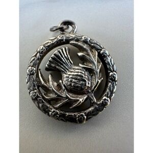 Vintage Scottish Thistle Round Wreath Pendant Charm 3.4g 925 Sterling Silver
